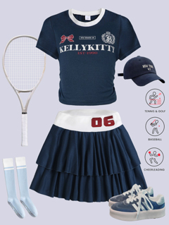 SPORT Girls Spring Summer New Design Crew Neck Short Sleeve T Shirt With English Letter Bow Number Print Double Layer Ruffled Skirt Fashion Sports School Outdoor Cheerleading Tennis Casual 2 Pieces Set p 53417131