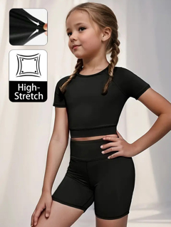 SPORT New Spring Summer Girls Toddler Black Solid Color Short Sleeve Fitted T Shirt And Elastic Riding Shorts Casual Outfit For Outdoor Daily Workout Yoga 2pcs p 61725311