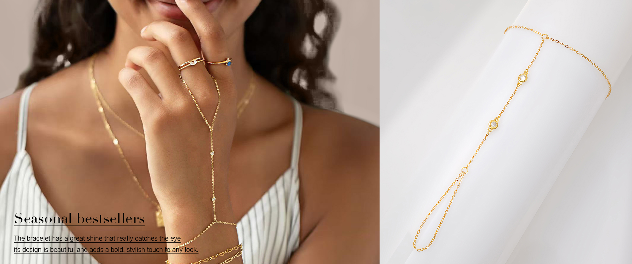 1pc 925 Sterling Silver Two Diamonds Ring Bracelet Gold Hand Chain For Women To Wear Daily Party Date p 44728418
