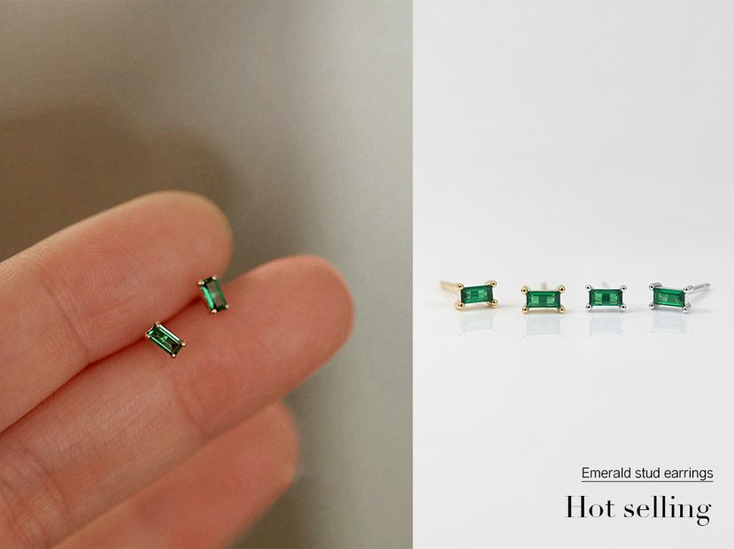 1pair S925 Sterling Silver 14K Gold Plated Mini Emerald Stud Earrings For Women Simple Cute Emerald Cubic Zirconia Earrings For Daily Wear p 40618056