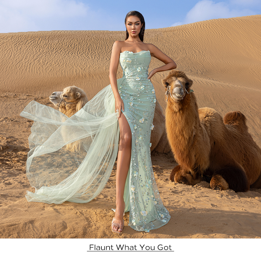 Haute Glamour Elegant Strapless Mermaid Gown With Cascading Floral Beadwork Sheer Tulle Overlay Daring Thigh High Slit Floor Length Flow For High Fashion Editorial Premiere Galas p 47947182