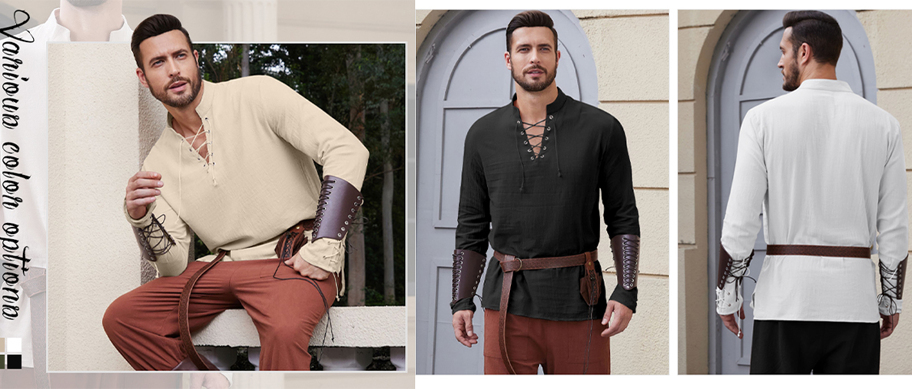 Men s Medieval Drawstring Linen Look Long Sleeve Shirt Viking Costume p 57091101