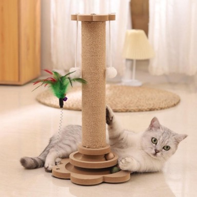 Interactive Yellow Jute Cat Scratch Post With Swivel Base And Ball Toy Hard Jute Claw Grinder With Toy Faux Feather PVC p 68287531