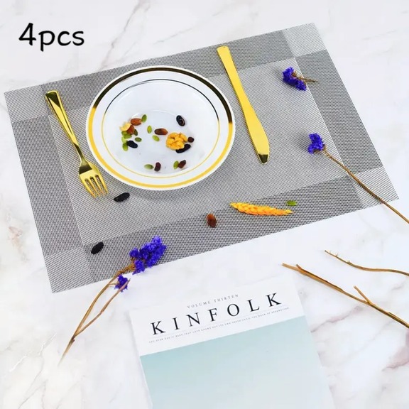 4pcs Silver Square PVC Placemats Table Mats Scandinavian Style Monochrome Tabletop Decorative Mats Heat Resistant Placemats Home Bowl Mats Tabletop Decorations Restaurant Decorations Room Decorations Decorations  p 67651951