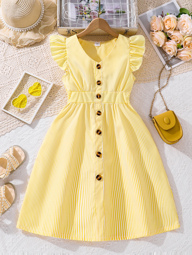Left Mama Tween Girl Fresh Striped Cap Sleeve V Neck Cinched Waist Dress For Summer p 34536056