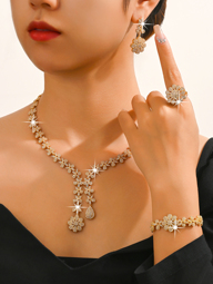 5pcs Set 14K Gold White Gold Plated Floral Leaf Teardrop Designed Bridal Wedding Jewelry Set Inlaid With White Cubic Zirconia Includes Necklace Earrings Bracelet Ring Suitable For Weddings Parties Daily Wear Gold Gift Box  p 42819999