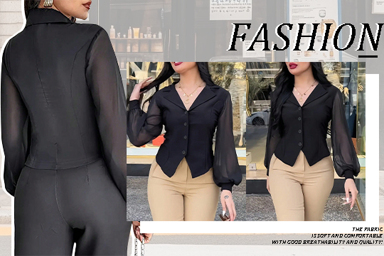 Solid Color Suit Collar Mesh Patchwork Button Down Shirt Long Sleeved Top p 54332317