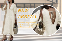 New Spring And Summer Casual French Holiday Style Sexy V Neck Backless Loose Single Breasted Solid Color Puff Sleeve Long Dress p 61744554
