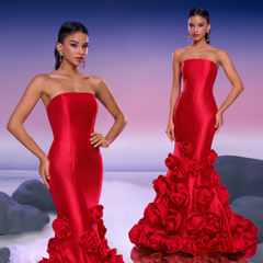 Women s Solid Color Strapless Dress With 3D Floral Decor Elegant Evening Gown Formal Party Dress For Wedding Guest p 74236697