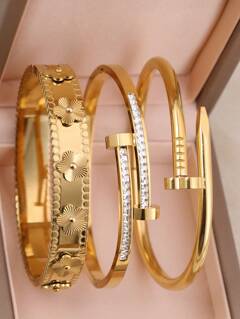 3pcs 1pc Fashion 18K Gold Plated Stainless Steel Four Leaf Clover Nail Bracelet Suitable For Women s Party Daily Wear European And American Style Personalized Generous Luxury Cubic Zirconia Wristband Wedding Jewelry Set Gift For Girls Women Relatives Friends Beautiful Wedding Birthday Valentine s Day p 90979305