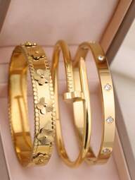 3pcs Fashion 18K Gold Plated Stainless Steel Floral Bangle Bracelets Cubic Zirconia Inlaid Waterproof European Style Wrist Jewelry For Women Casual Wedding Party Valentine s Day Gift Mom Mother Mother s Day Gift p 64383080
