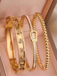 3pcs Fashion 18K Gold Plated Stainless Steel Four Leaf Clover Nail Bracelet Suitable For Women s Party Daily Wear European And American Style Personalized Generous Luxury Cubic Zirconia Wristband Wedding Jewelry Set Gift For Girls Women Relatives Friends Beautiful Wedding Birthday Valentine s Day p 63245774
