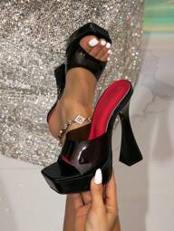 Women s High Heel Platform Thick Heel Fashionable Square Toe Black Decorated Transparent Glamorous Party Stiletto High Heel Sandals Suitable For Outdoor Wear p 59881035