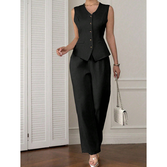 2pcs Women s Solid Color Casual Simple Commuter Outfit Sleeveless Single Breasted Vest Matched With High Waist Wide Leg Pants Spring Summer 2025 European Style p 81778734