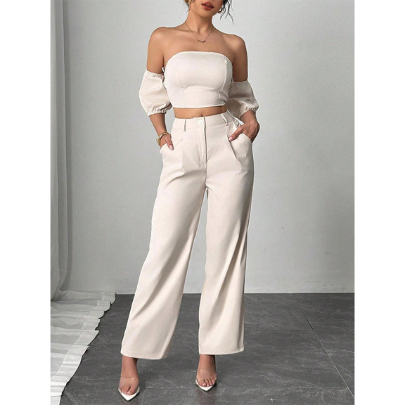 2 Pieces Women Summer Casual Elegant Outfit Set Solid Color Tube Top And High Waist Wide Leg Long Pants Suit p 67146800