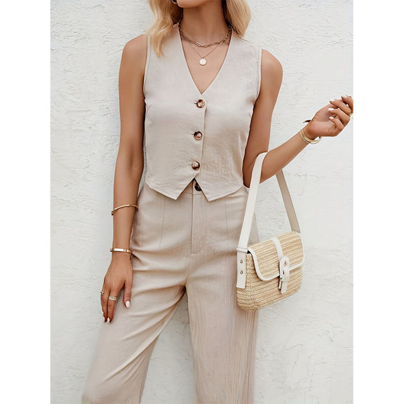 2pcs Set Women s Solid Color Casual Commute Outfits Single Breasted V Neck Sleeveless Tank Top And High Waist Wide Leg Pants p 65216992