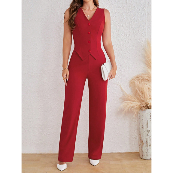 2pcs Set European And American Spring Summer Women Elegant Everyday Minimalist Commuter Outfit Solid Color Single Breasted Sleeveless V Neck Vest Top Paired With High Waist Straight Zip Up Pants Elegant p 66761012