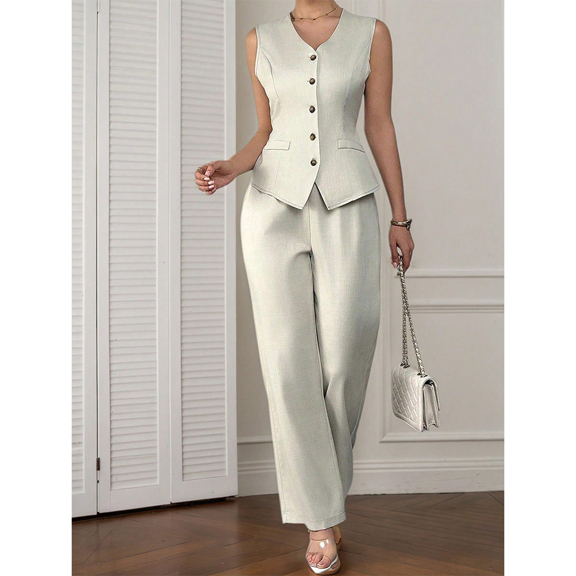 2 Pieces Set Women Spring Summer Simple Solid Color Suit Sleeveless Single Breasted Vest And High Waisted Wide Leg Pants p 63306801