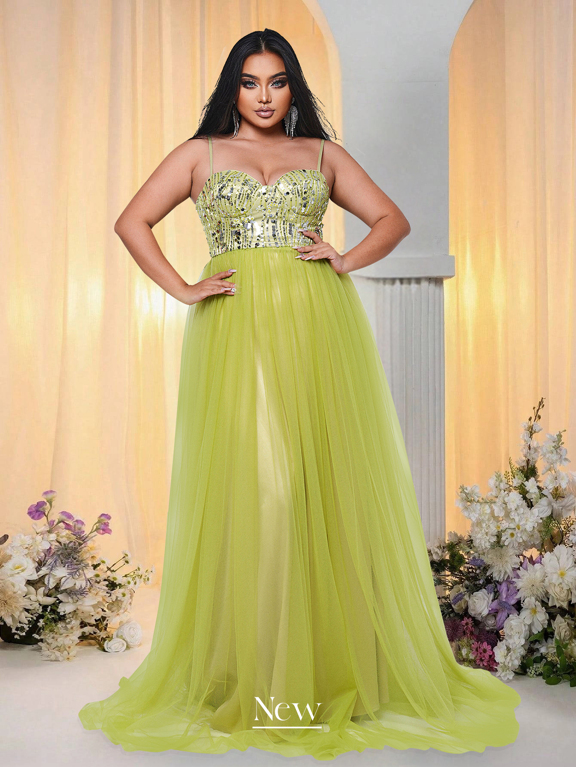 Plus Size Sequin Mesh Patchwork Maxi Formal Dress Wedding Guest Dress Party Dress Evening Dress Gown p 50002239