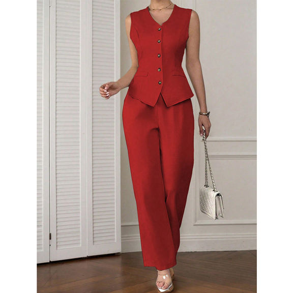 2 Pieces Set Spring Summer 2025 European And American Women Simple Solid Color Sleeveless Single Breasted Vest Paired With High Waist Wide Leg Pants p 81873698