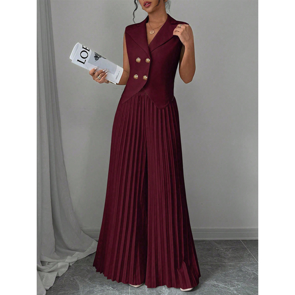 2pcs 2025 Spring Summer Women Set Solid Color Double Breasted Lapel Vest With Slit Hem Cropped Top Fashionable High Waist Wide Leg Pants Elegant Simple Commuting Outfits p 63334574