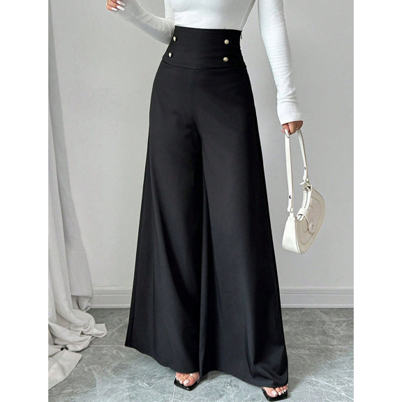 2025 New European American Style Women Summer Solid Color Casual Loose Flared Pants With Button Decoration High Waist Elegant Minimalist For Daily Wear p 66534368