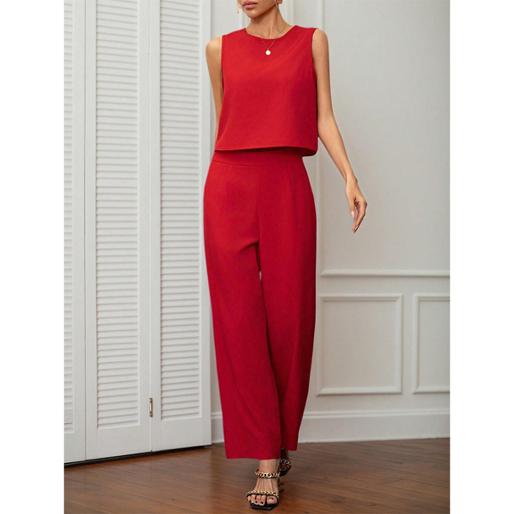 2pcs Spring Summer 2025 European And American Fashion Women Plain Color Minimalist Commuter Set Round Neck Sleeveless Cropped Top Paired With High Waist Wide Leg Trousers With Pockets p 66550855
