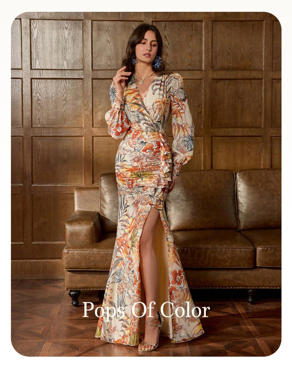 Luxury Floral Chiffon Evening Gown With Layered Ruffles Side Slit Elegance For Red Carpet Events Black Tie Dinners Weddings Art Gallery Openings And High End Social Gatherings p 61639267