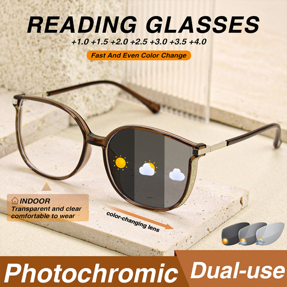1pc Classic Photochromic Reading Glasses Lens With Light Sensitive Tinting Function Sparkling Powder Decor On Frame Sides Quality Metal Hinges Fashionable Anti Aging Presbyopic Glasses For Women p 87827899