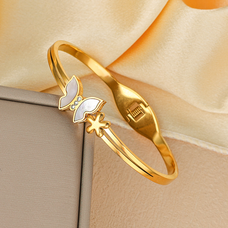 1 Piece Of European And American Style Elegant Butterfly Shaped Five Leaf Flower Stainless Steel Bracelet 18K Gold Women s Niche Design Open Bracelet Simple Open Temperament Bracelet Suitable For Women s Daily Wear Party Beach Vacation Atmosphere Jewelry Gift p 105786178