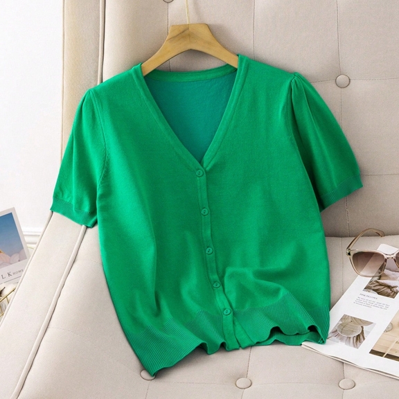 GIGOGOU Summer Thin Women Knit Cardigan Breathable Short Sleeves Ladys Casual T Shirt Top p 62540305