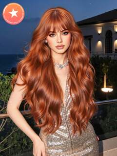 Mature Sexy Style 28 Inch Dirty Orange Long Curly Hair With Bangs Heat Resistant Synthetic Wigs For Women Suitable For Wearing At Parties Weddings And Travel p 115255030