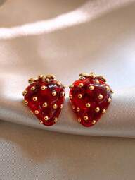 1pc Vintage Cute Strawberry Design Earrings Suitable For Women Daily Gift Wear Korean Fresh Gentle Niche Design Unique Exquisite p 74258404