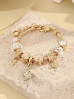 1pc Minimalist Butterfly Floral Decor Pink And White Beaded Bracelet DIY Heart Bead Charm Versatile For Date Wear p 72772364