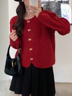 Loose Fit Ribbon Button Decor Round Neck Elegant Long Sleeve Knit Cardigan p 42681456