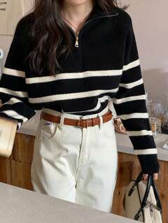Women s Casual Striped Zipper Up Long Sleeve Knitted Sweater Autumn Winter Long Sleeve Tops p 42366239