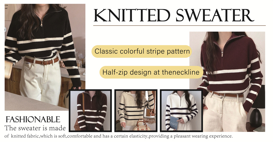 Women s Casual Striped Zipper Up Long Sleeve Knitted Sweater Autumn Winter Long Sleeve Tops p 42366239
