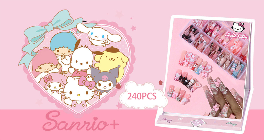 Sanrio Sanrio Hello Kitty 240Pcs 10Mixed Medium Square French Tip Press On Nails With Cute 3D Hello Kitty Kuromi Decoration Bow And Heart And Faux Pearl Design Perfect Fit Acrylic False Nails Set Including 1 Jelly Glue And 1 Nail File Hello Kitty Nails For Women And Girls Daily Life And Party Use Nail Supplies Nails p 100953210