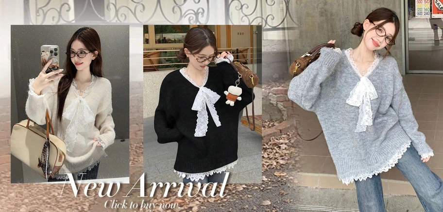 Women s Loose V Neck Lace Patchwork Bow Knitted Sweater Korean Style Autumn Winter p 132913319