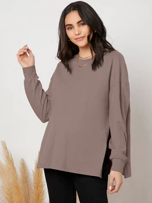 SHEIN Maternity Drop Shoulder Slit Hem, Slit Hem Tee World Cup Fall - Mocha Brown - View 5