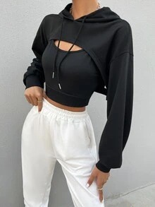SHEIN Drop Shoulder Drawstring Super Crop Hoodie & Top Graduation,Teacher,Back To School Pullover Fall - Black - View 7