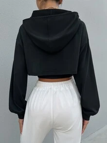 SHEIN Drop Shoulder Drawstring Super Crop Hoodie & Top Graduation,Teacher,Back To School Pullover Fall - Black - View 2