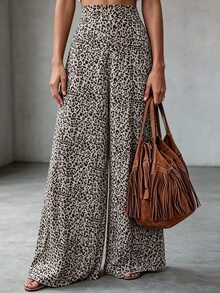 Breezaya Leopard Print High Waist Wide Leg Trousers - Multicolor - View 1
