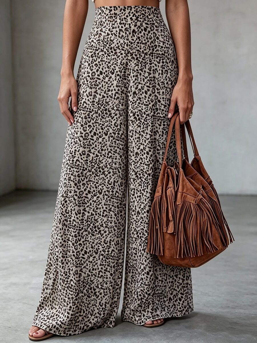 Breezaya Leopard Print High Waist Wide Leg Trousers - Multicolor - View 1