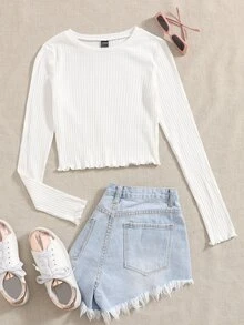 SHEIN EZwear Women All White Lettuce Trim Solid Tee For Spring Autumn Everyday School Casual - White - View 2