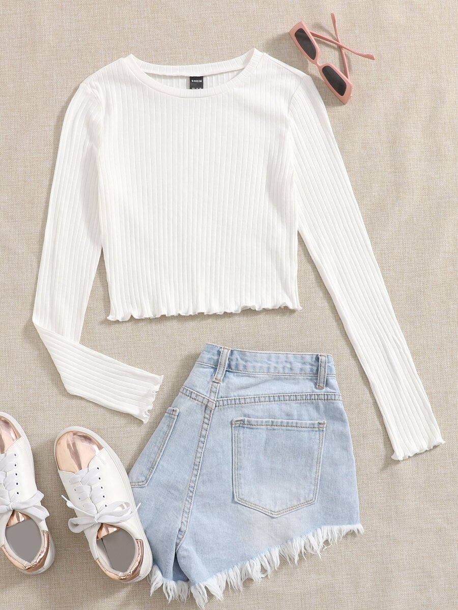 SHEIN EZwear Women All White Lettuce Trim Solid Tee For Spring Autumn Everyday School Casual