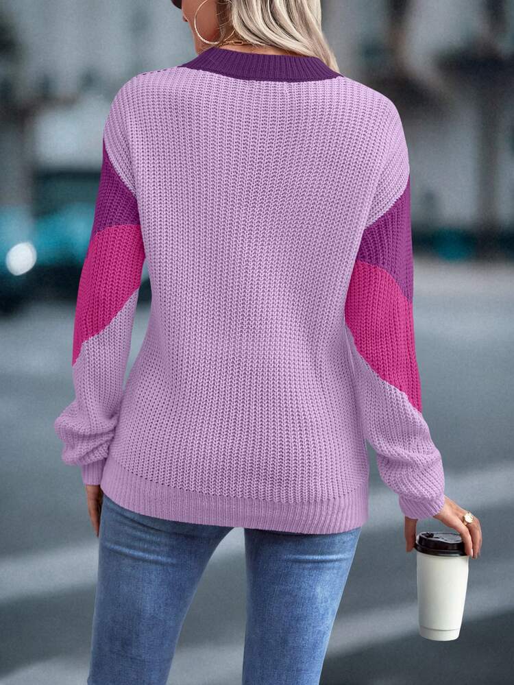 EMERY ROSE Suéter de manga caída con patrón de chevrones de bloques de color, blusas de manga larga de ajuste regular de estilo casual para mujer con caída en los hombros, tops de manga larga multicolor para primavera/otoño - Multicolor - Añade 2