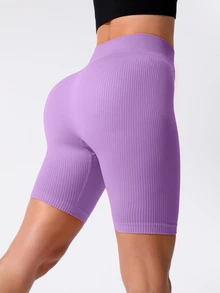 SHEIN Sports Shorts biker deportivos tejido de canalé control de barriga - Lila Púrpura - Ver 3