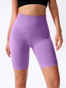SHEIN Sports Shorts biker deportivos tejido de canalé control de barriga - Lila Púrpura - Ver 2