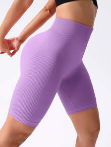 SHEIN Sports Shorts biker deportivos tejido de canalé control de barriga - Lila Púrpura - Ver 1